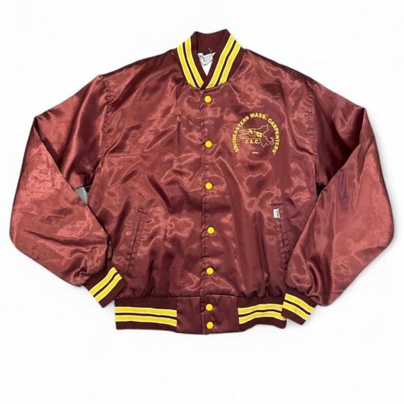 Vintage 80s West Wind Satin Jacket Maroon Snap Button Made in USA Mens Medium - Picture 1 of 8